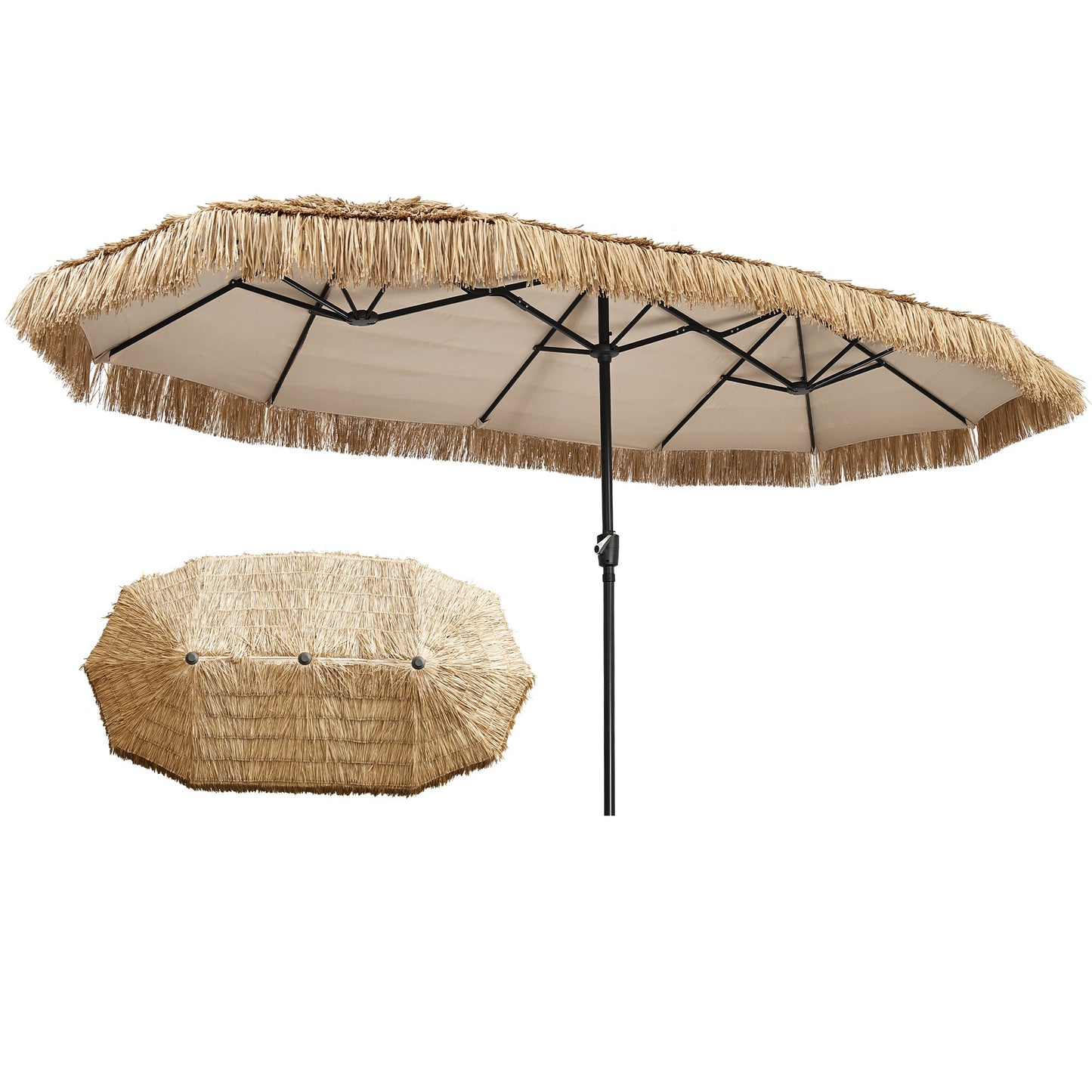 Ainfox 13ft Large Thatched Tiki Patio Umbrella, Outdoor Heavy-Duty Double-Sided Rectangle Market Umbrella for Garden, Deck, Backyard, Pool, Beach