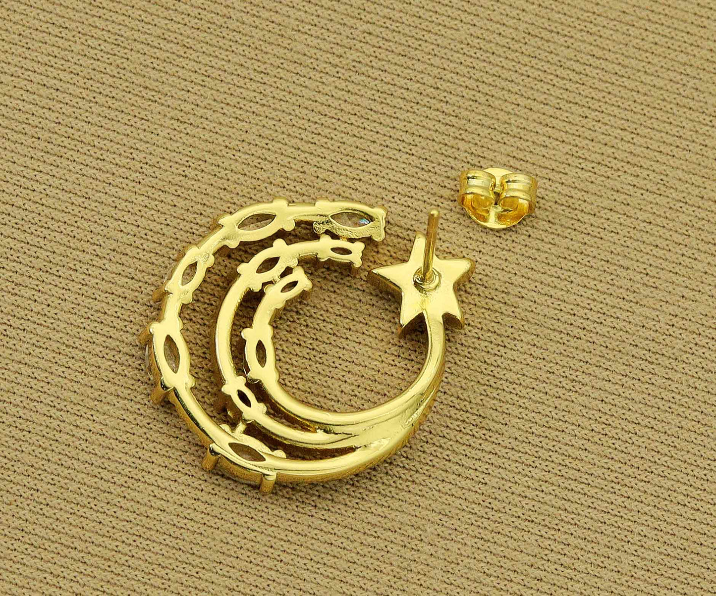 CZ Triple Round Ring with Star Latch Back Earrings, Sku#J356
