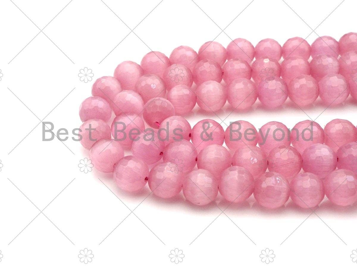 Special Cut Cat's Eye Pink Round Faceted Beads, 6mm/8mm/10mm/12mm Round Faceted, 15.5'' Full Strand, Sku#UA195