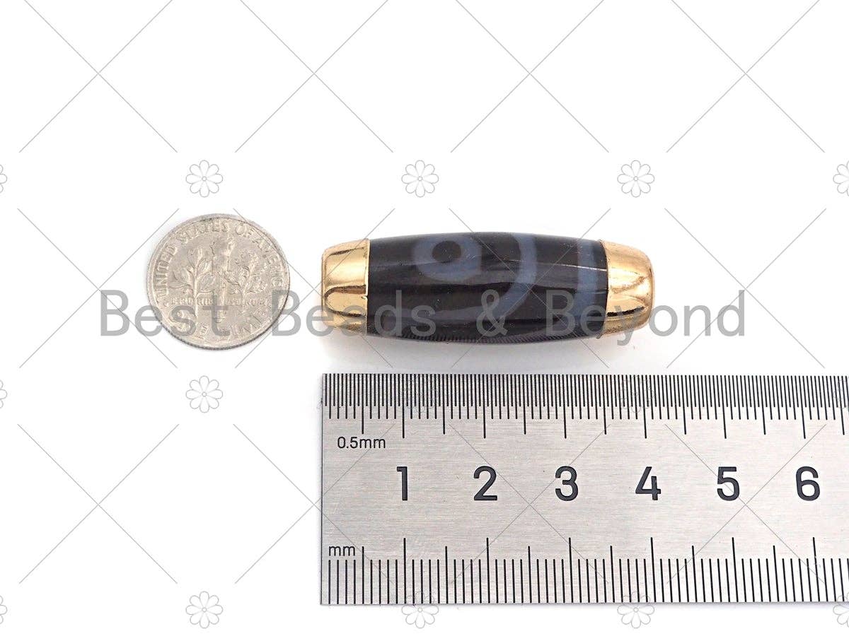 16x39mm Large Natural Tibetan Agate with Gold Finish Barrel Shape Spacer Beads, Oval Tibetan Agate Beads, sku#U947