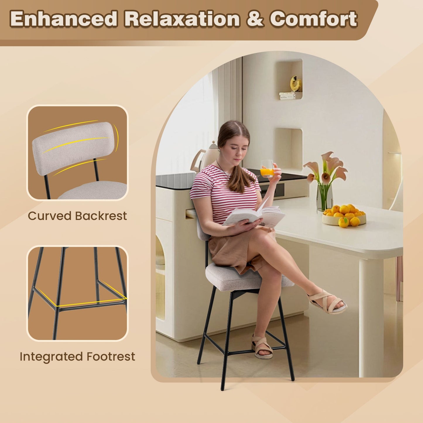 25 Inch 2-Piece Modern Upholstered Bar Stools with Back and Footrests