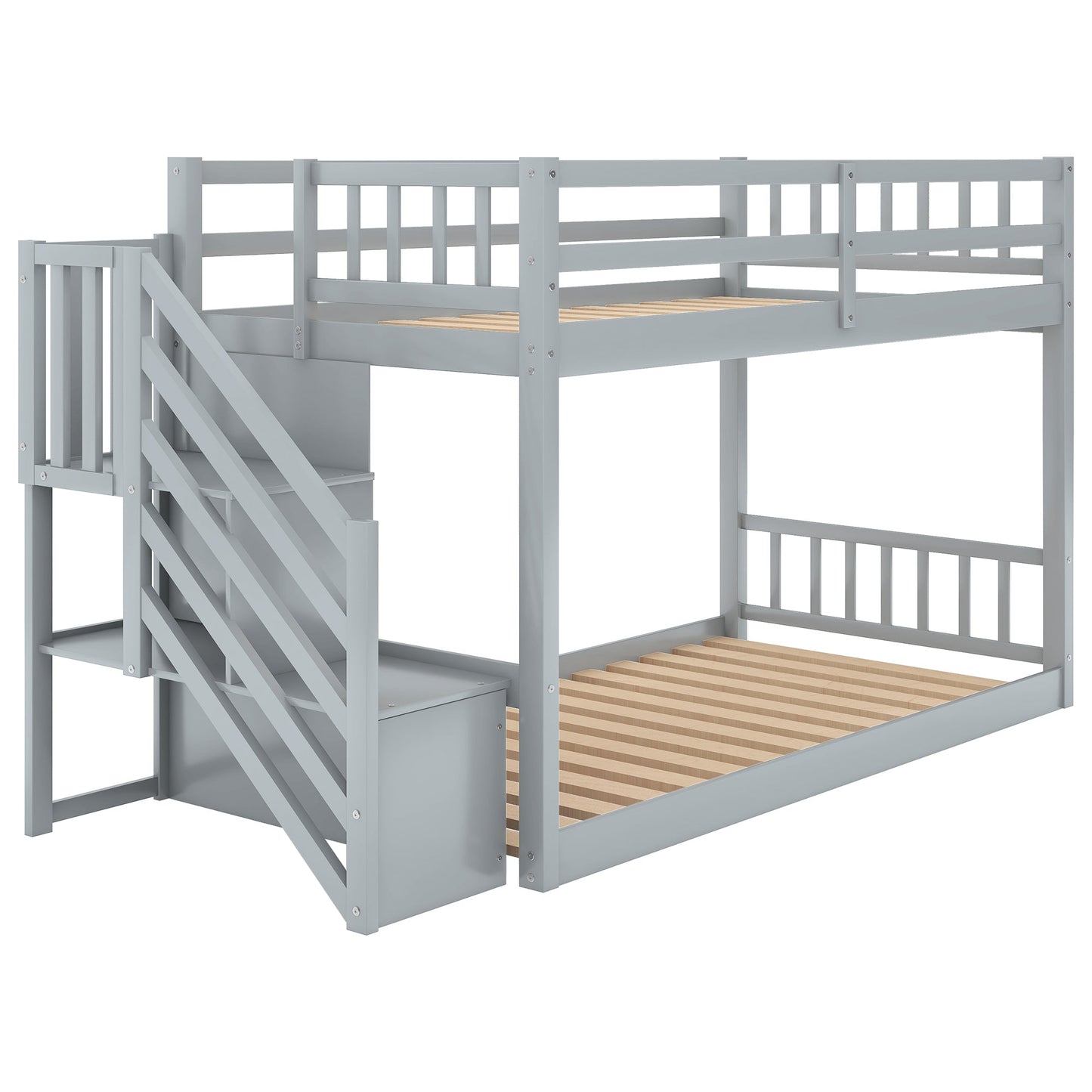 Twin Over Twin Floor Bunk Bed, Ladder with Storage