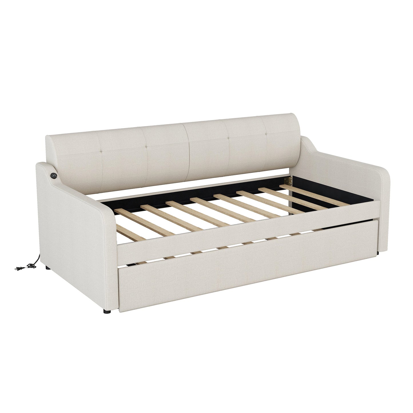 Twin Size Upholstery Daybed with Trundle and USB Charging Design
