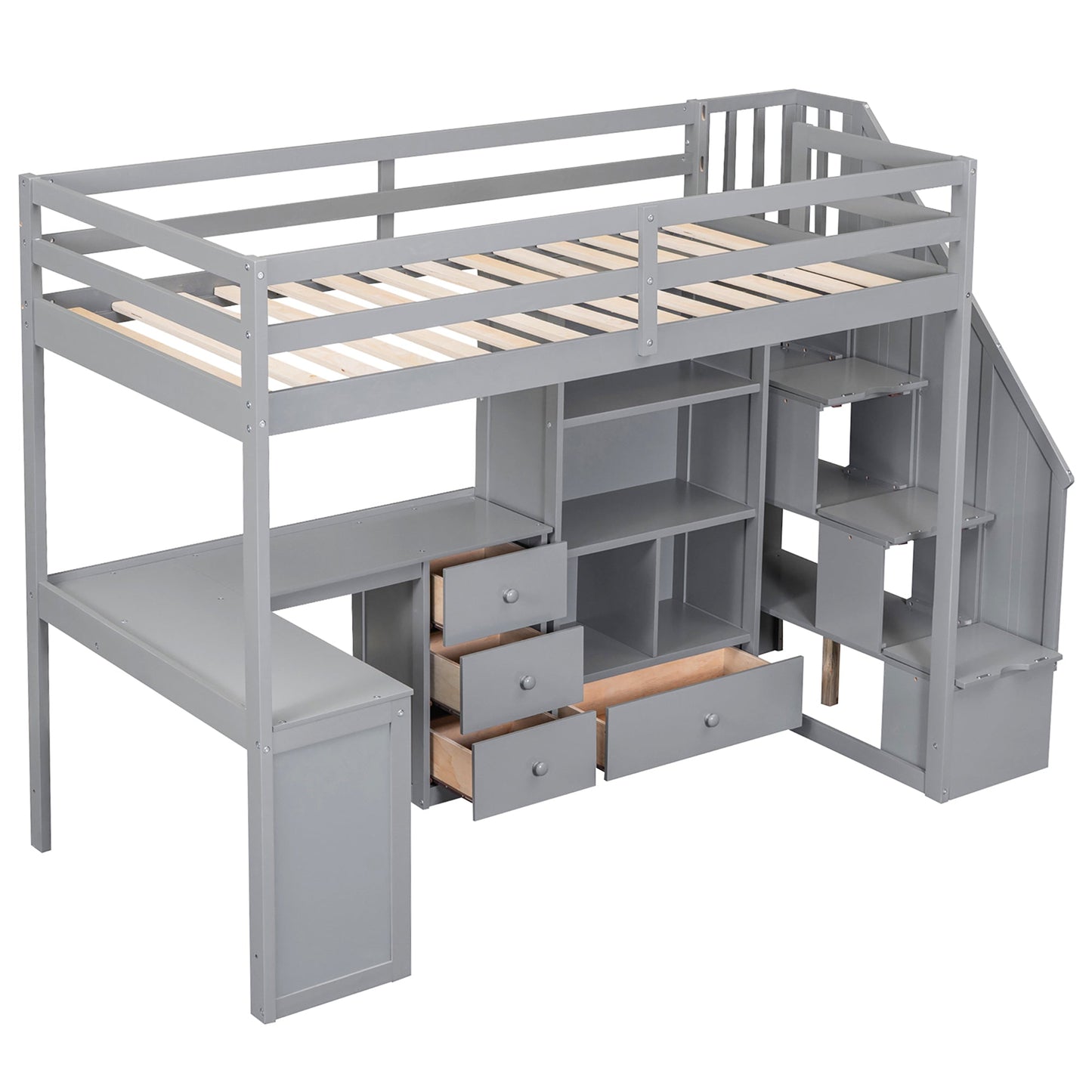 Twin Size Loft Bed with L-Shaped Desk and Drawers