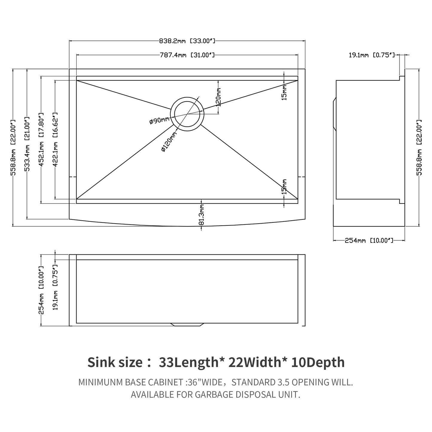 33 x 22 x 10 Inch Farmhouse Kitchen Sink