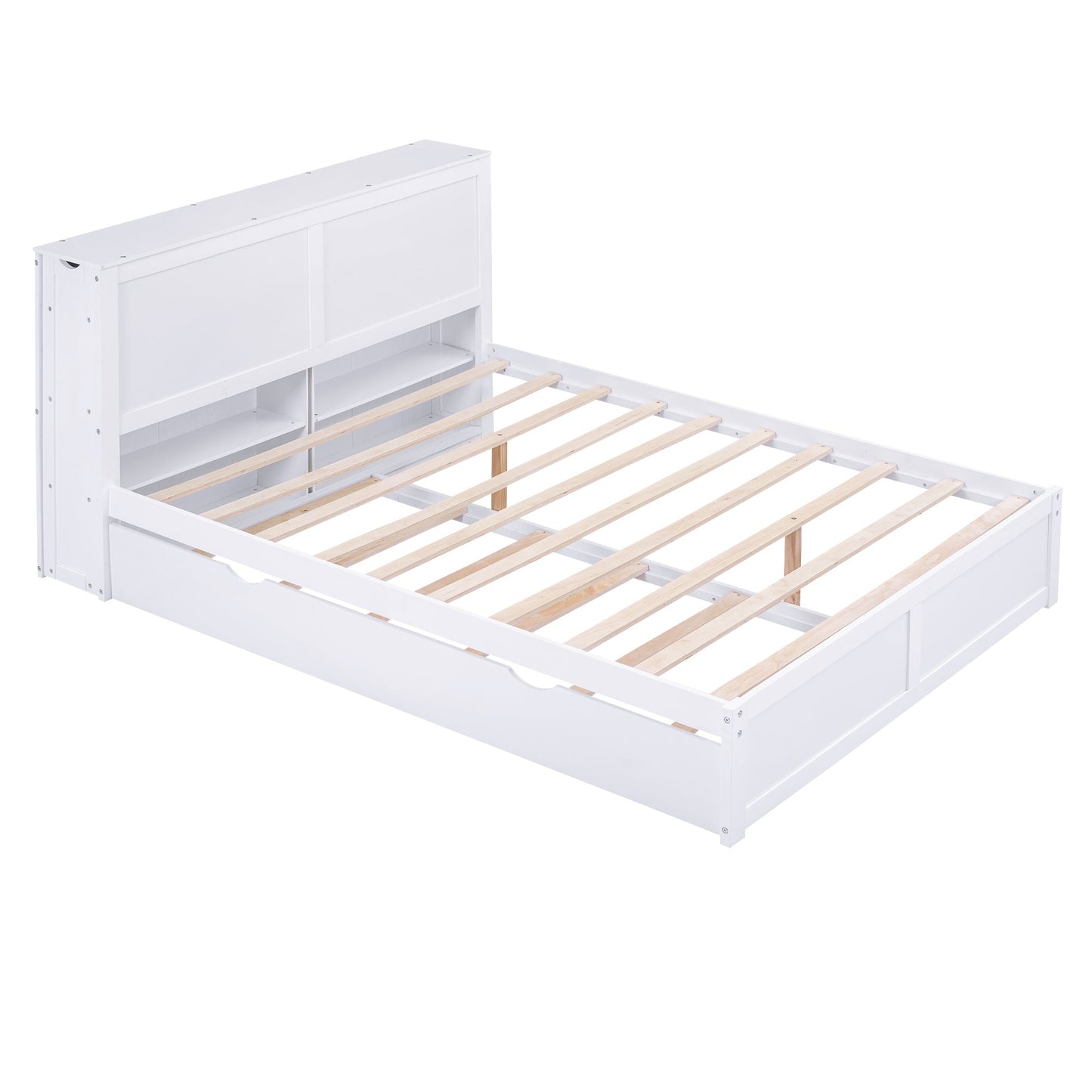 Queen Size Storage Platform Bed with Pull Out Shelves and Twin XL Size Trundle