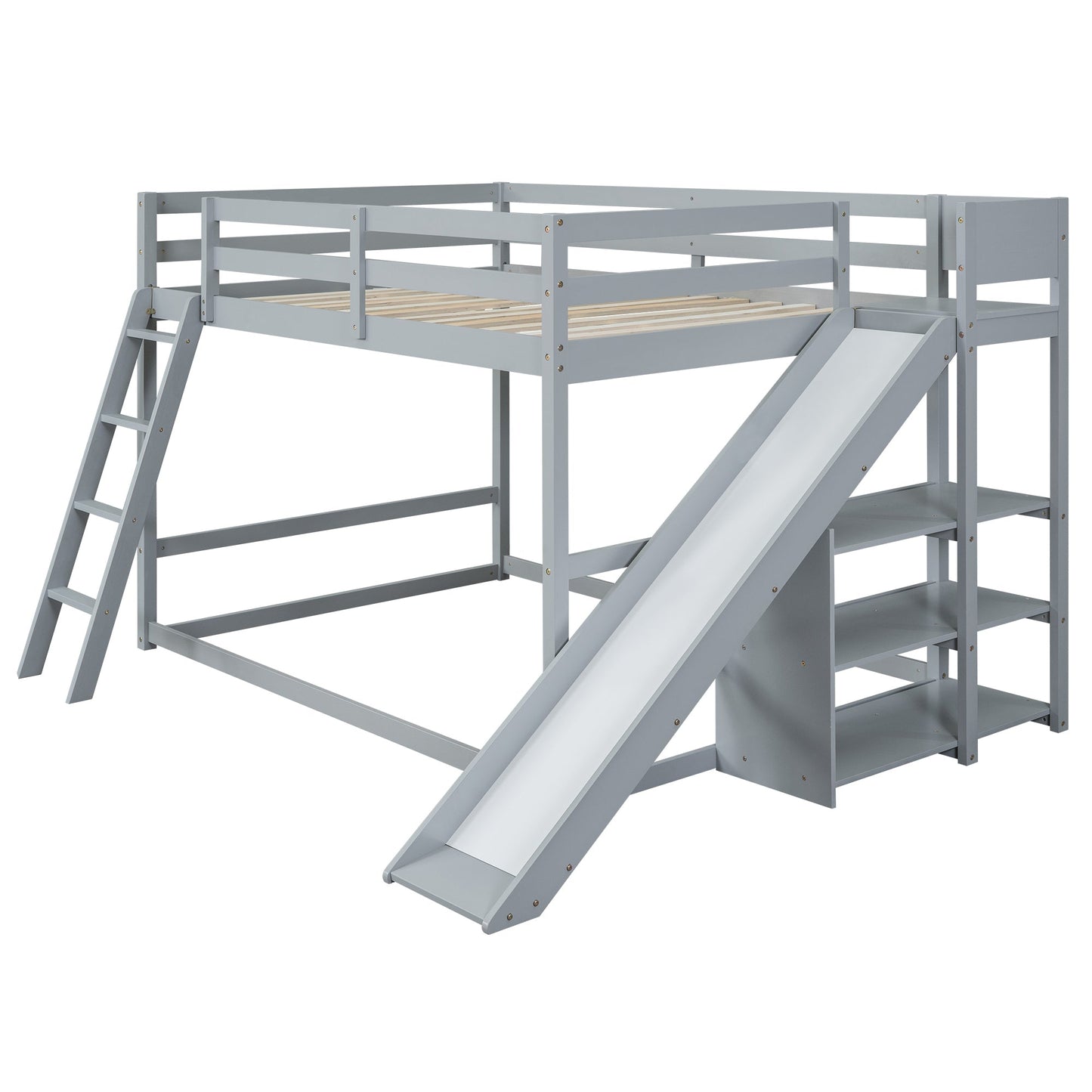 Full Over Full Bunk Bed with Ladder, Slide and Shelves