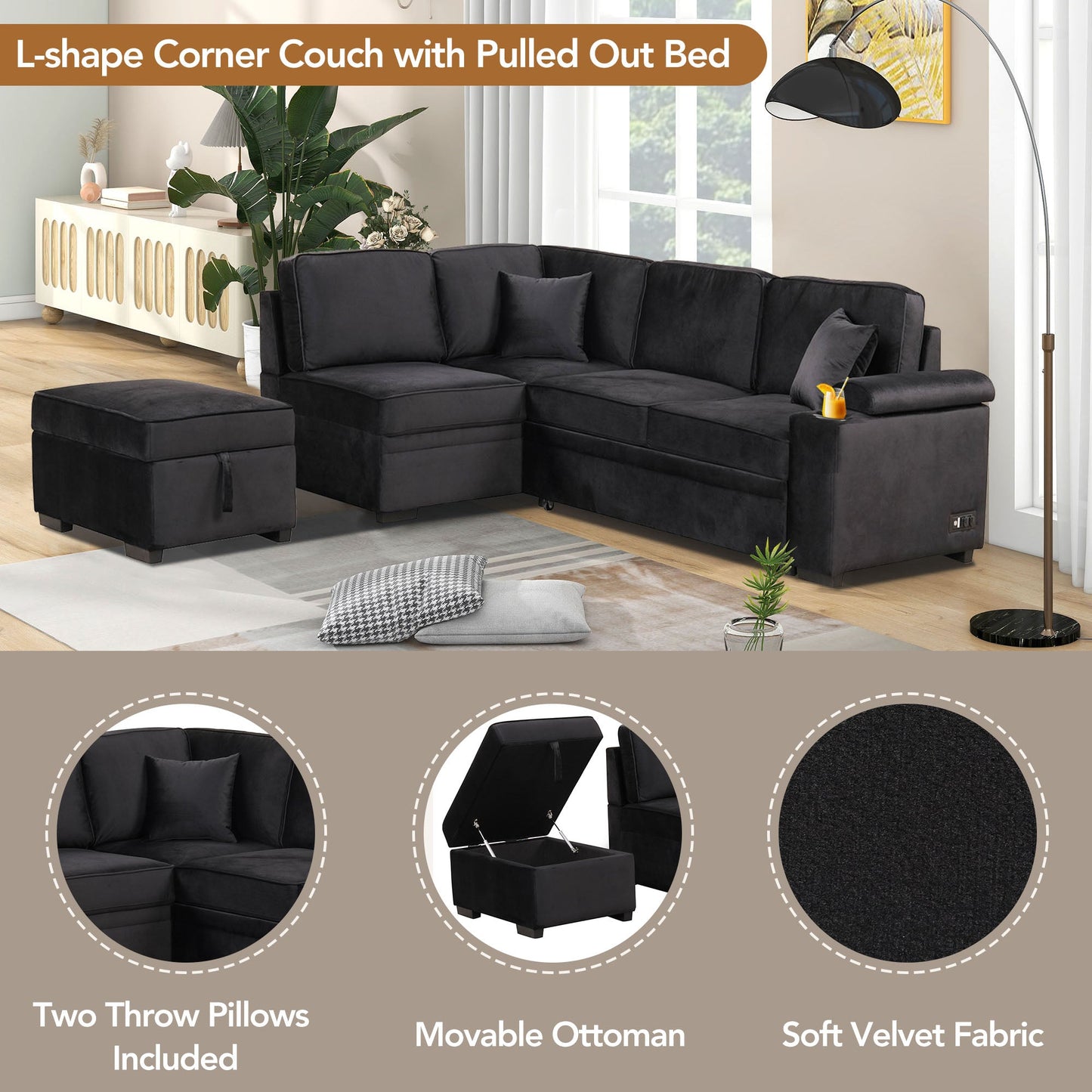 84.75" Sleeper Sofa Bed with Storage Ottoman