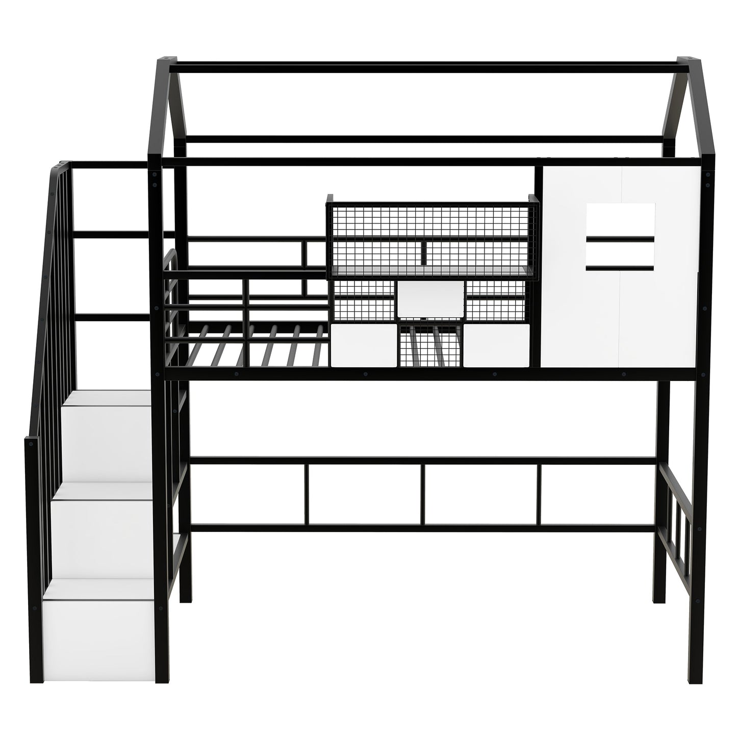 Metal Loft Bed with Roof Design and Storage Box, Twin