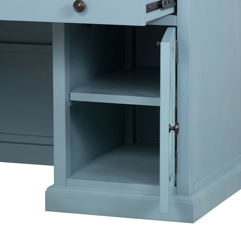 Stylish Blue Desk with Drawers and Glass Front Cabinet