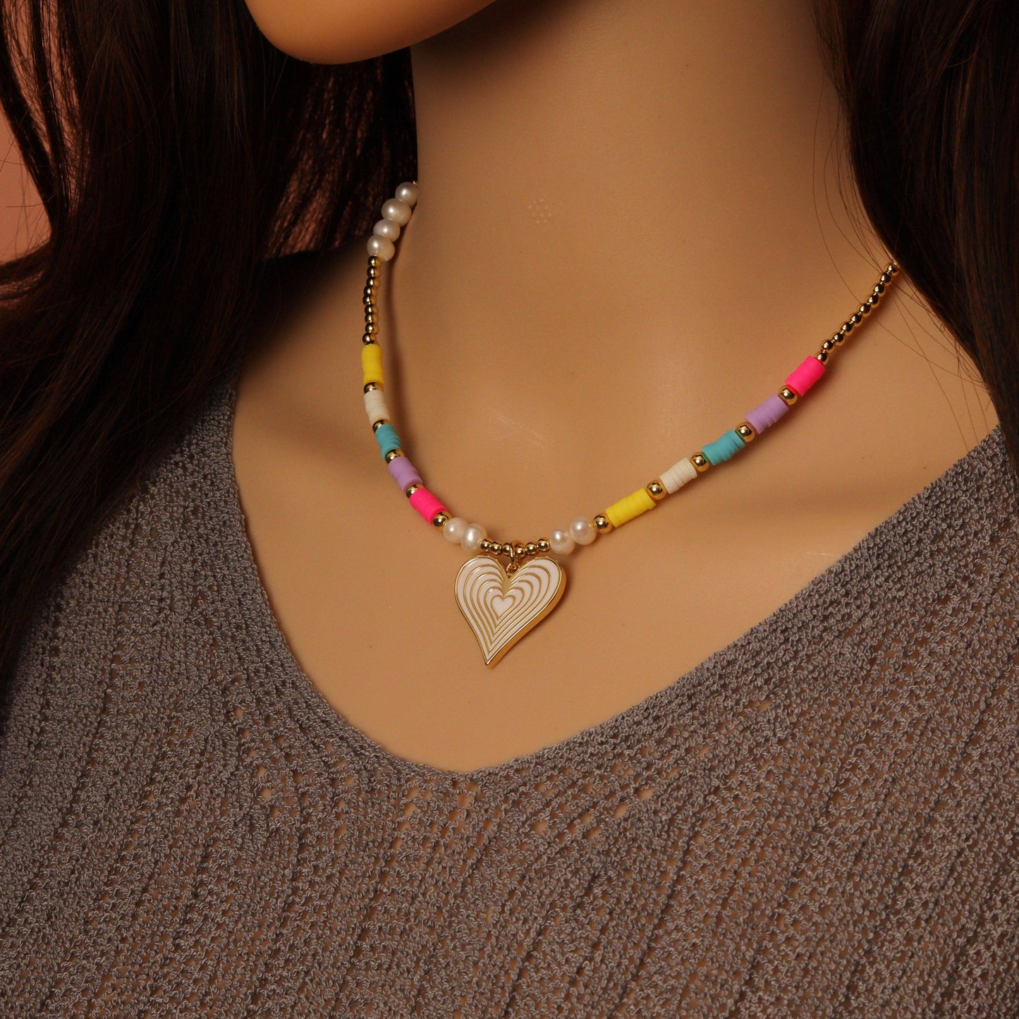 Gold Colorful Pearl Beads Heart Pendant Necklace, Sku#O119
