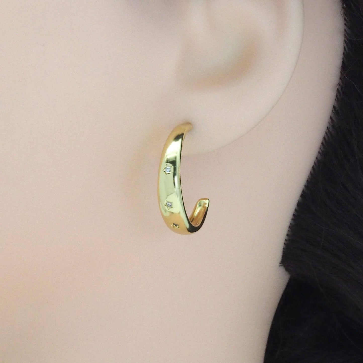 Gold CZ Stars on Huggie Hoop Earrings, Sku#LK844