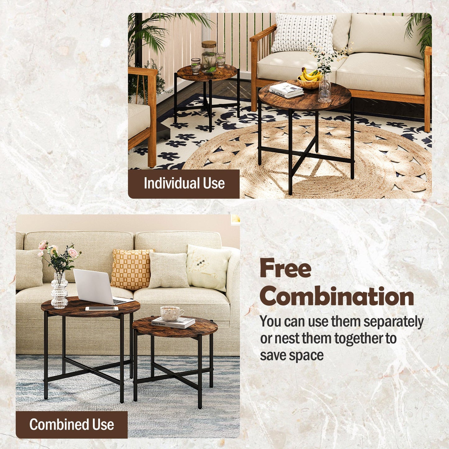 Round Coffee Table Set of 2 with Heavy-Duty Metal Frame