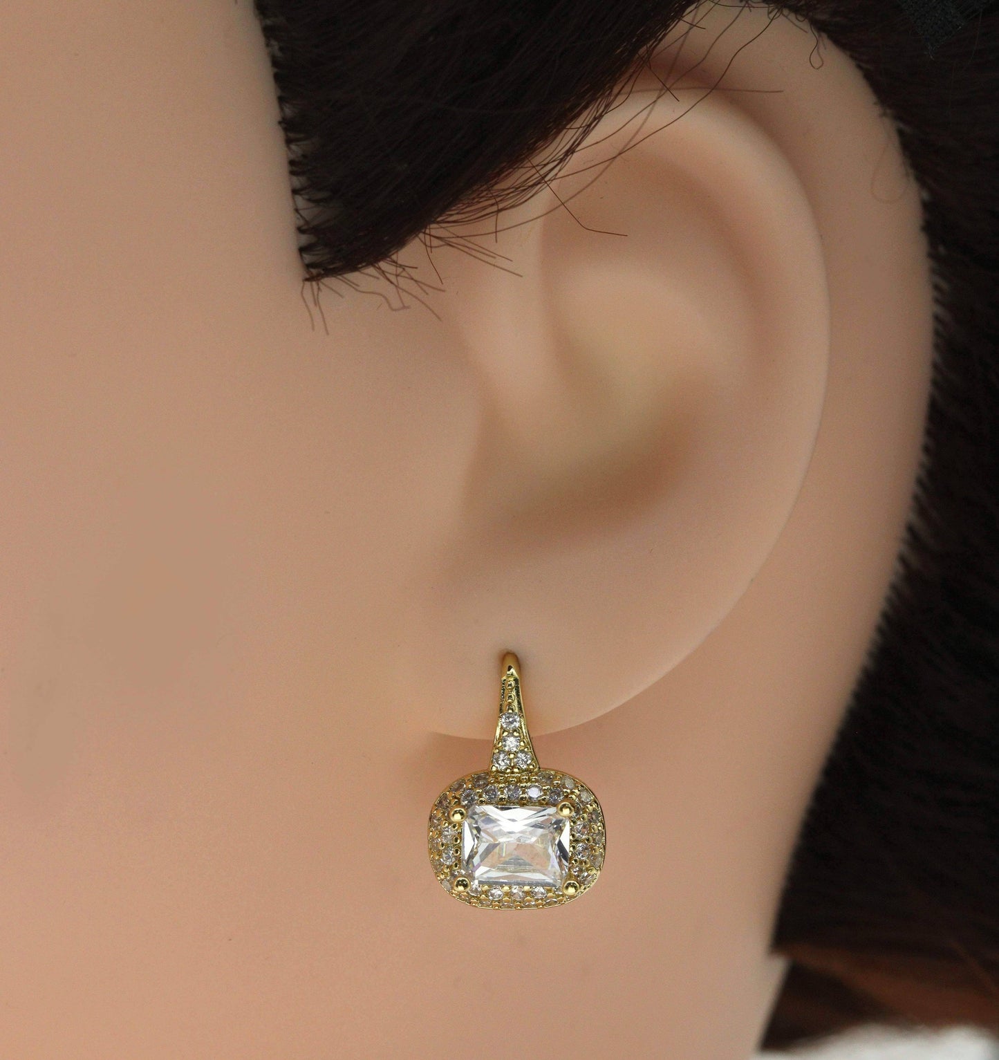 Rectangle CZ On Oval Everyday Hoop Earrings, Sku#B222