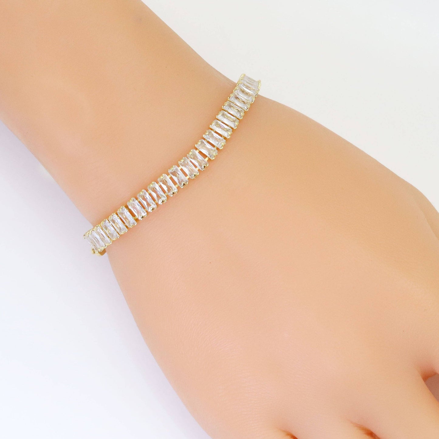 Baguette CZ Link Gold Silver Adjustable Bracelet, Sku#LX497