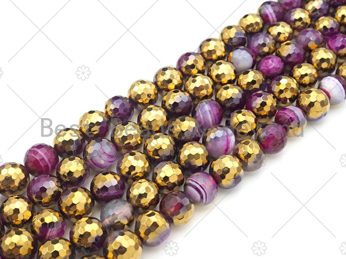 Half Gold Plated Pink Agate Beads, 8mm/10mm/12mm Round Faceted Gold Pink Agate Beads, 15.5 Full Strand, sku# UA132