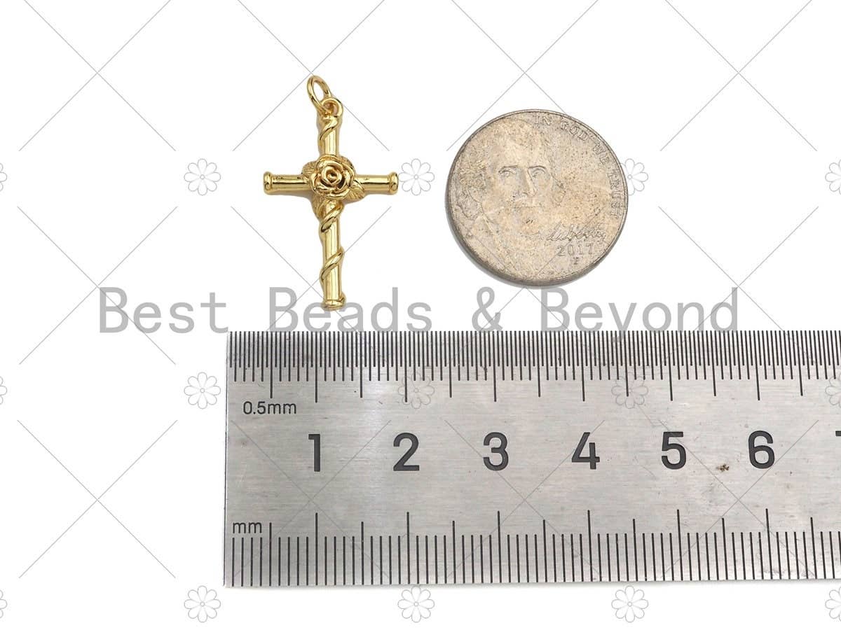 Gold Filled Rose Flower On Cross Shape Pendant, 18K Gold Filled Rose Cross Charm, Necklace Bracelet Charm Pendant, 16x26mm, Sku#Y439