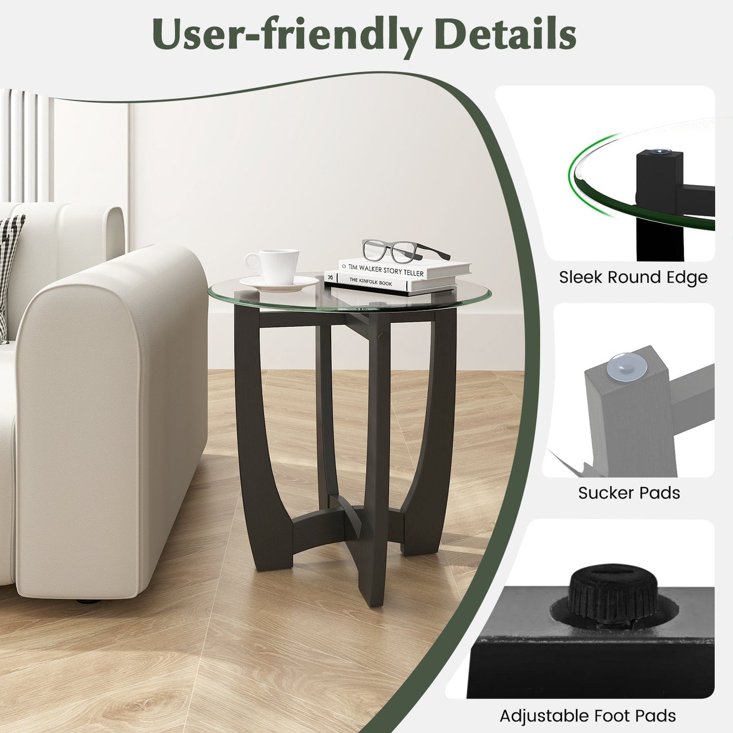 23.5 Inch Round End Side Table with Tempered Glass Tabletop-Black