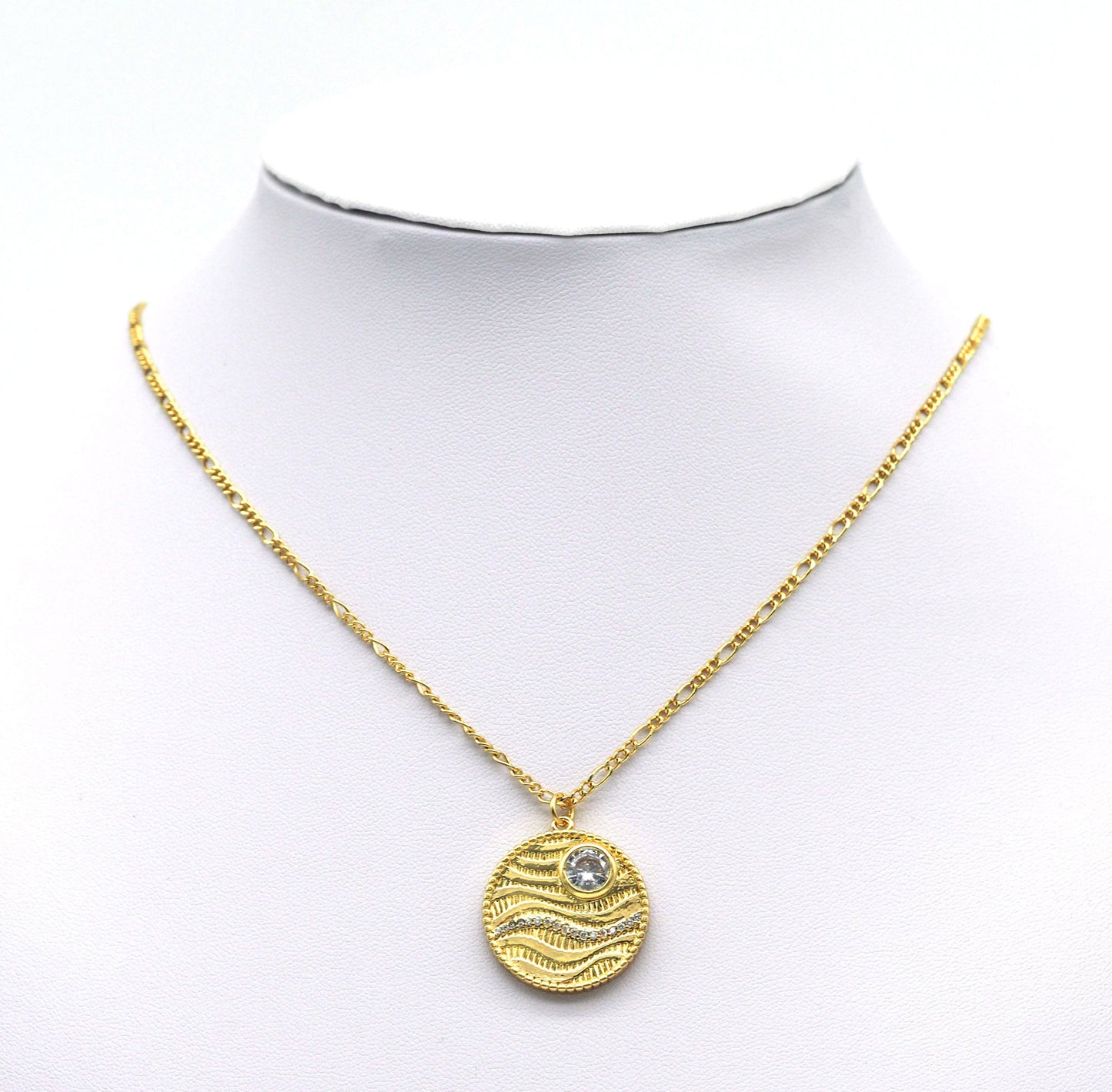 Gold Big CZ Wave On Round Coin Charm, Sku#F1497C