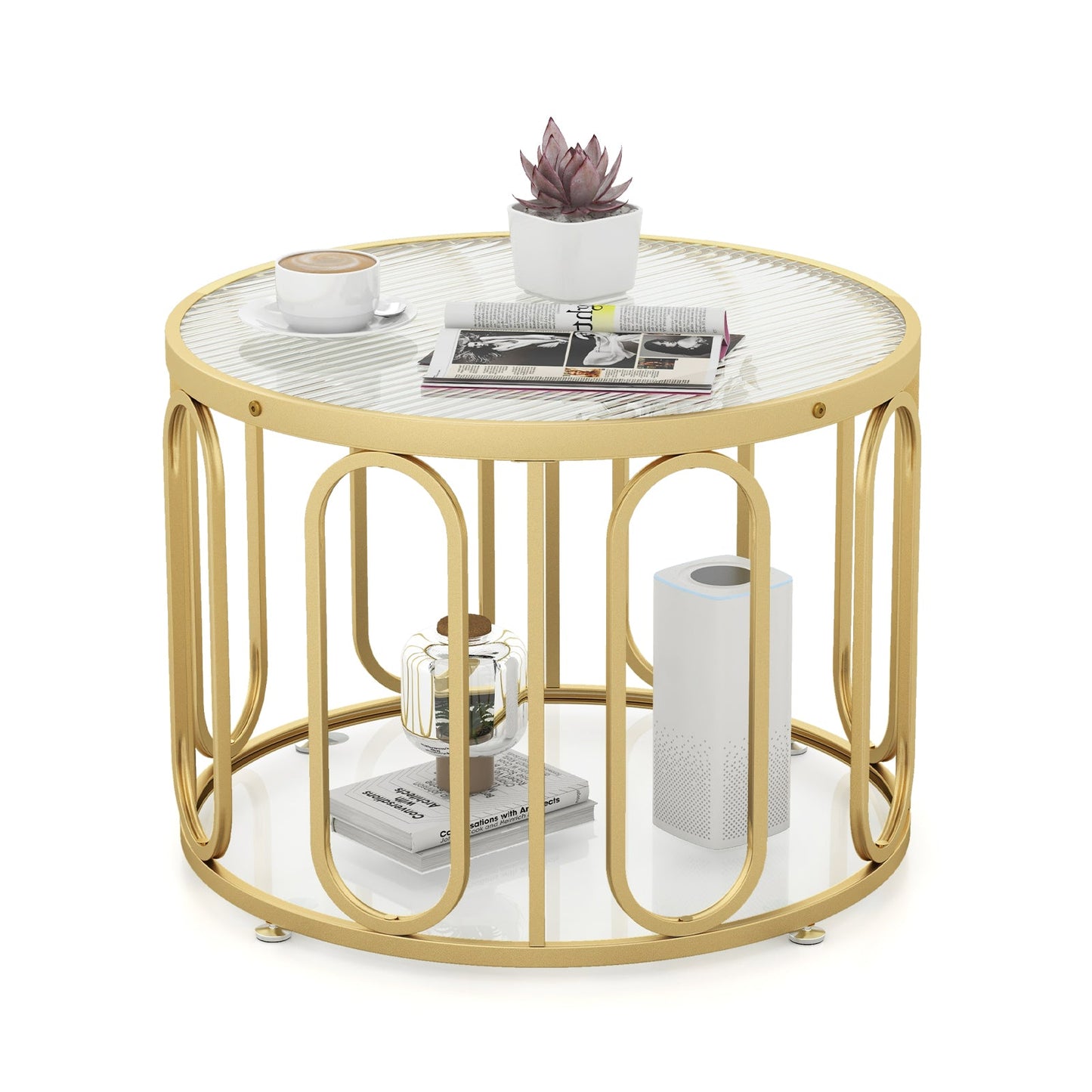 24 Inch Round Coffee Table with Reeded Tempered Glass Top and Oval Swivel Brackets