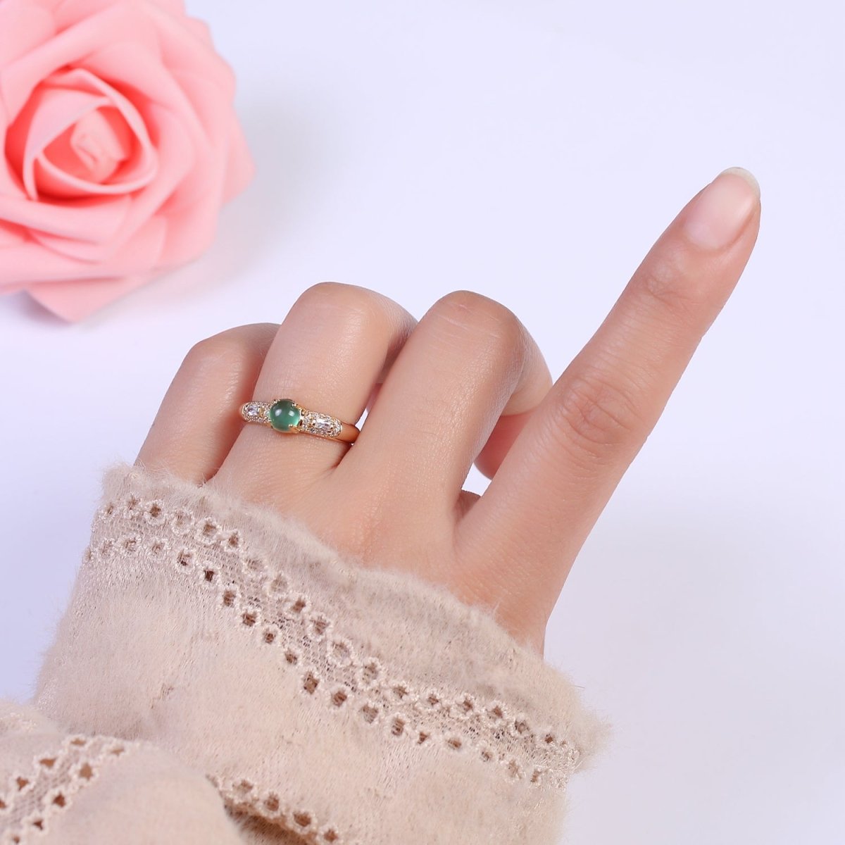 24K Gold Filled Green Stone on Micro Pave CZ Crystal Cubic Zirconia Adjustable Open Ring S-355