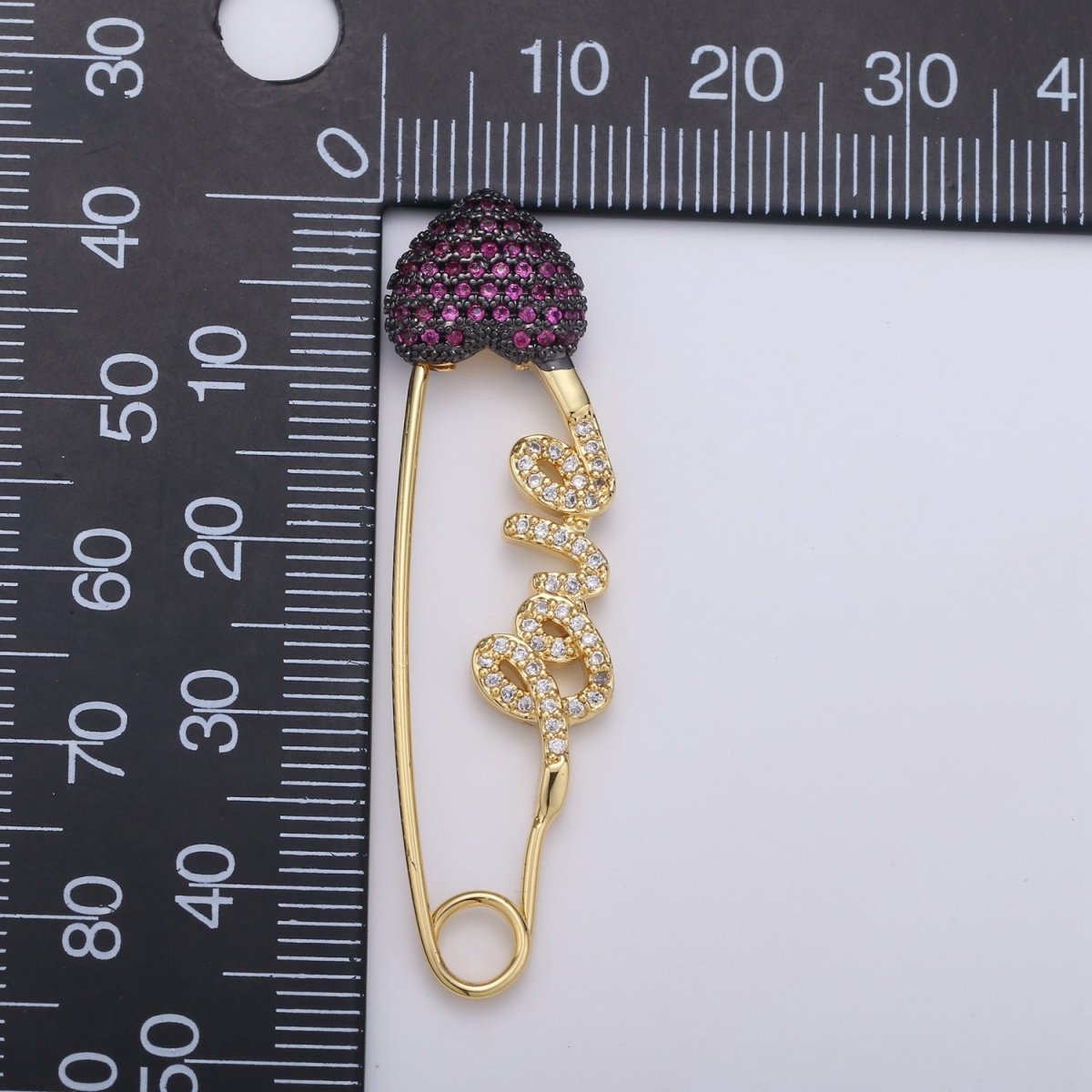 24K Gold Filled "Love" Gold / Teal / Magenta Micro Paved CZ Heart Safety Pins | K-877 K-878 K-879