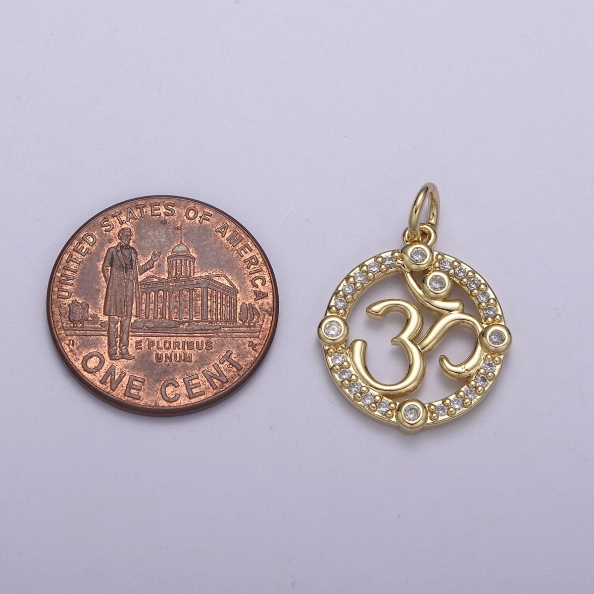 24K Gold Filled Micro Paved CZ Hindu Om Symbol Round Charm N-248