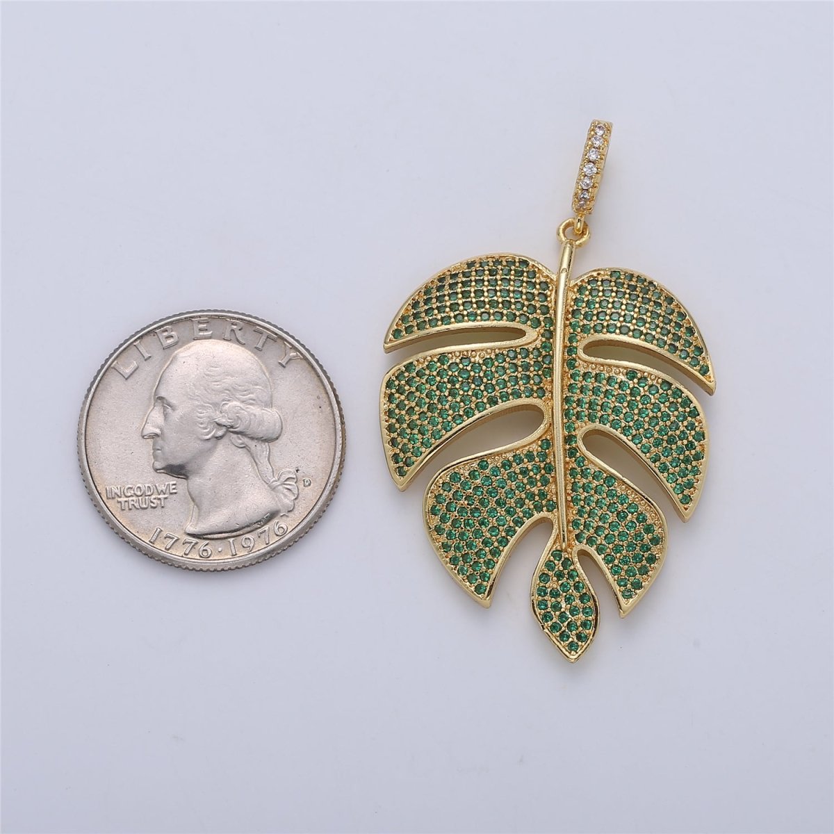 24K Gold Filled Monstera Palm Leaf Green Mircro Paved CZ Pendant I-165