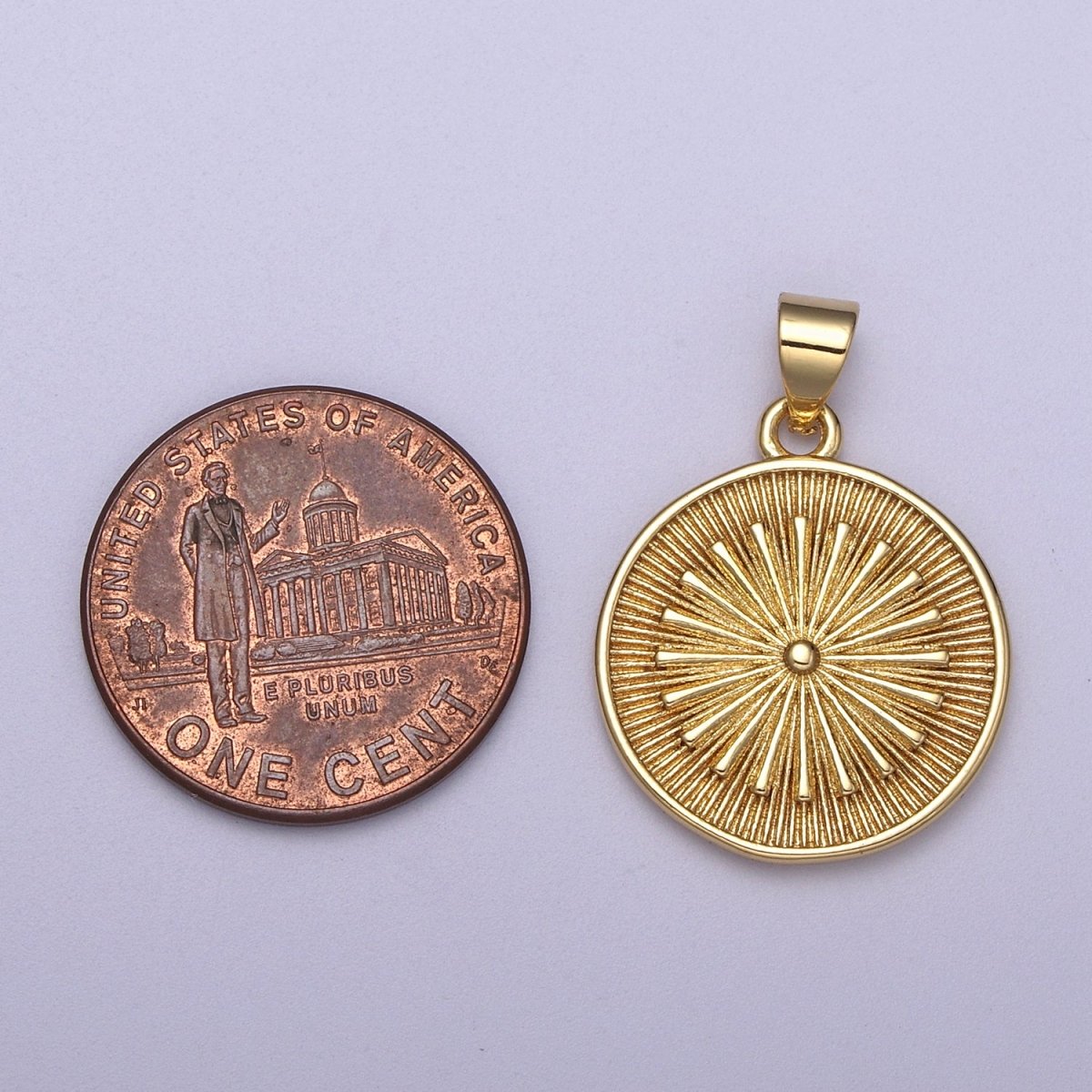 24k Gold Filled Round Coin Medallion Pendant, Sunburst Charm Necklace, Geometric Celestial Jewelry Supply H-393