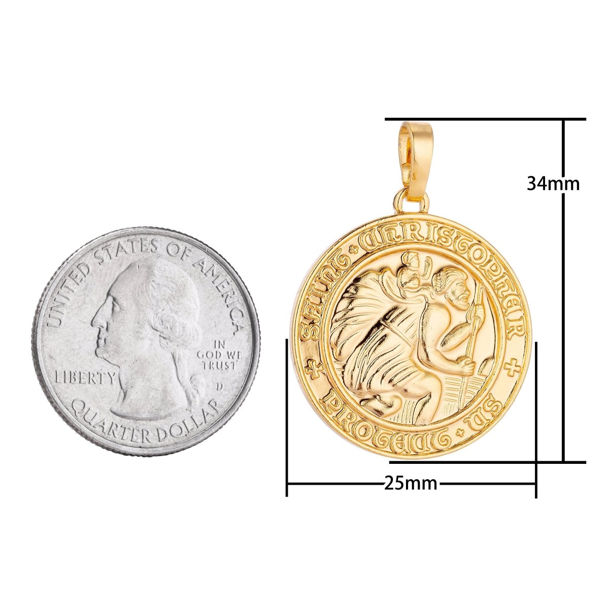24K Gold Filled Saint Christopher Protect Us, Medallion Coin, Necklace Pendant Charm Bails Findings for Jewelry Making H-609