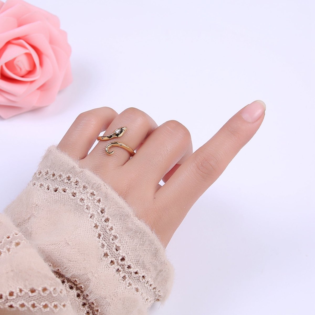 24K Gold Filled Serpent Ring, Adjustable Micro Pave Zirconia CZ Snake Ring, Dainty Curling Snake Jewelry U-464