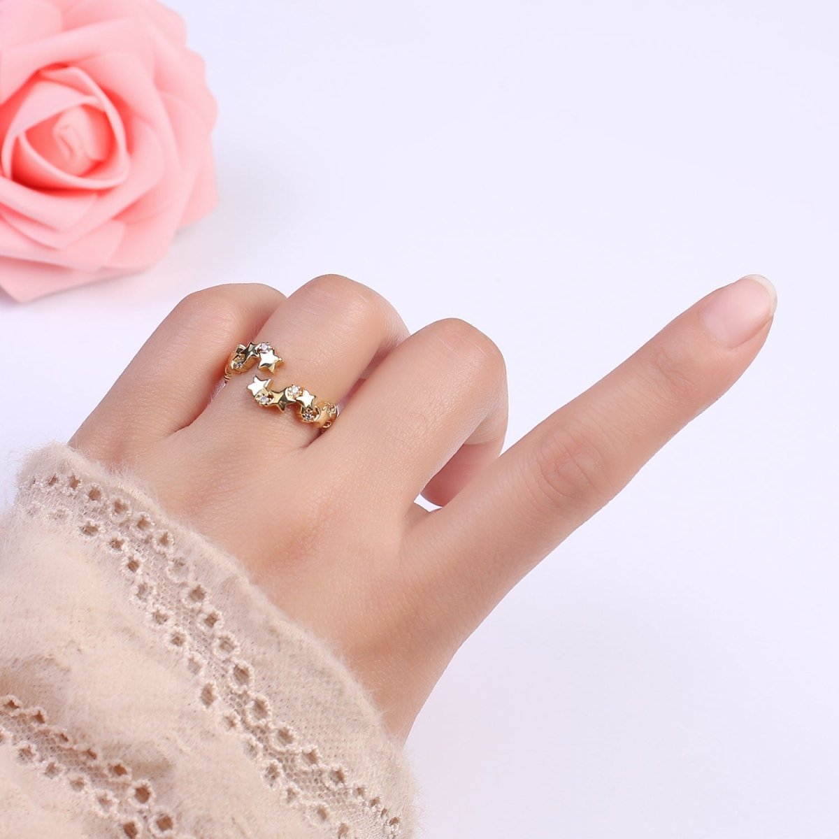 24K Gold Filled Star Link Chain Open Ring, Celestial Statement Ring with Crystal Zirconia CZ in Gold & Silver S-323 S-324