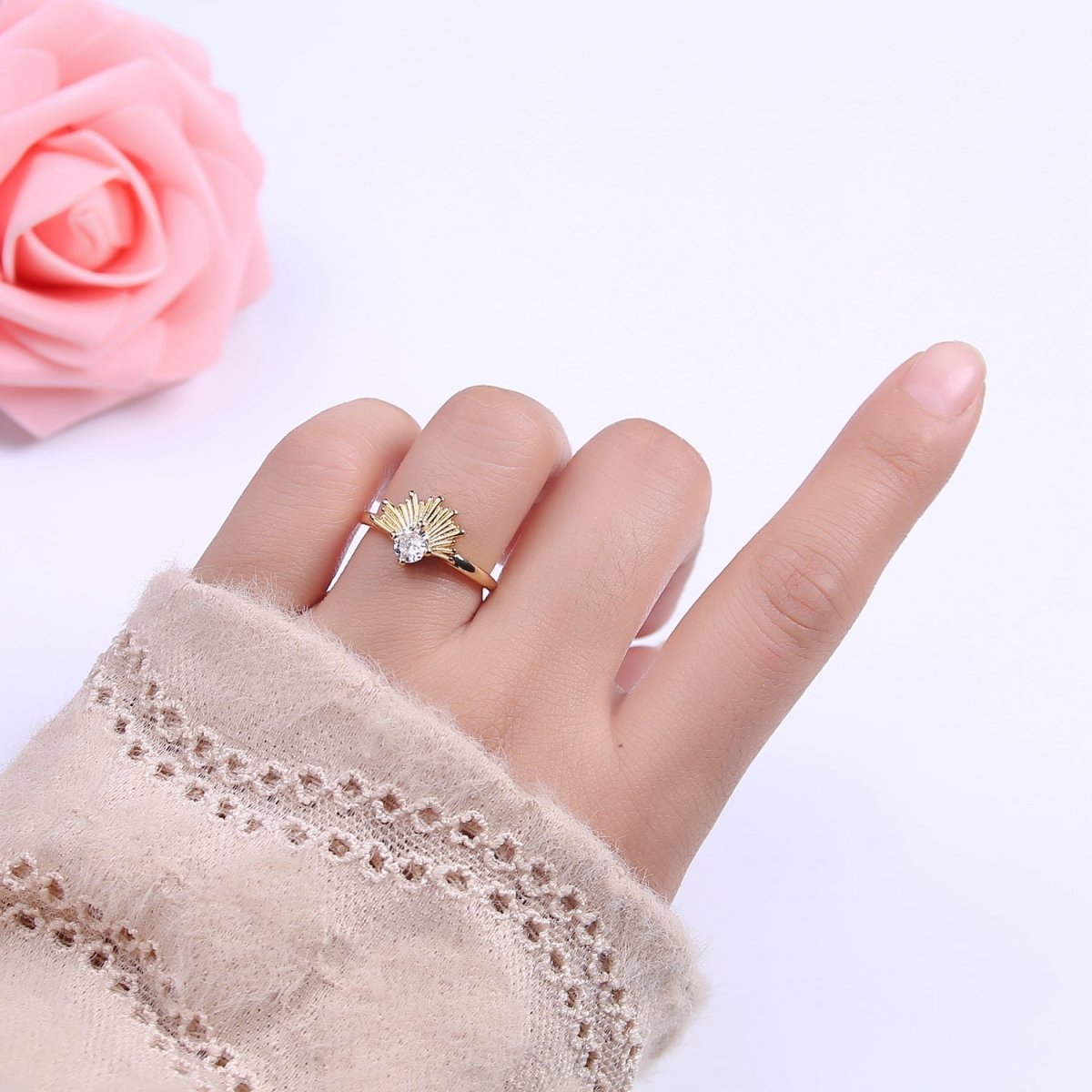 24K Gold Filled Sunburst Sun Crystal Zirconia CZ 24K Gold Promise Ring, Open Adjustable Ring | U-385