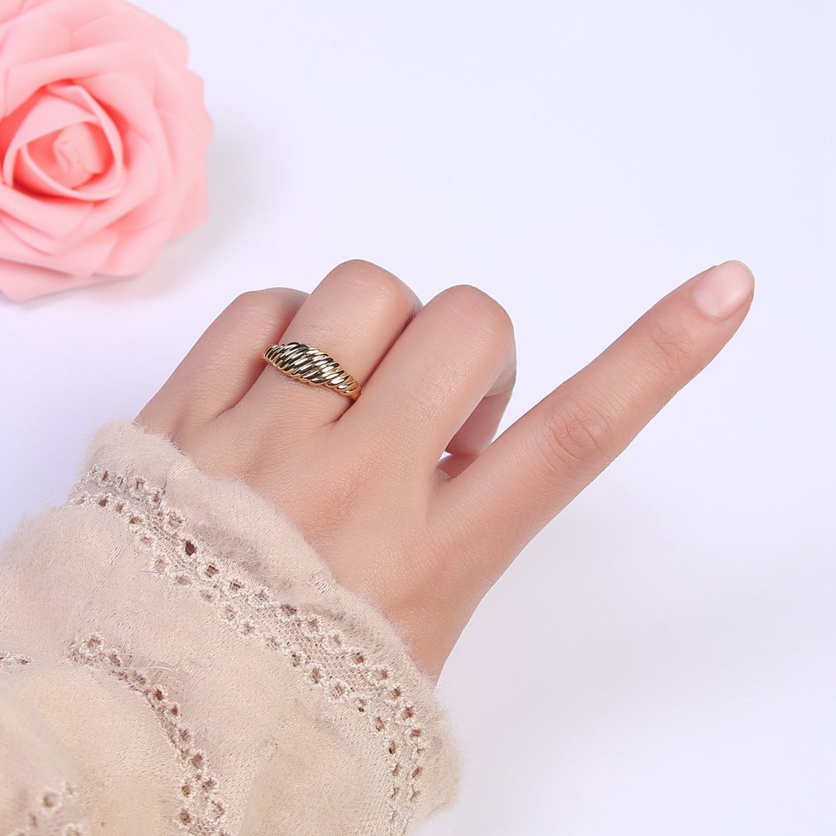 24K Gold Filled Textured Croissant Adjustable Ring, Minimalist Everyday Dome Golden Ring S-326
