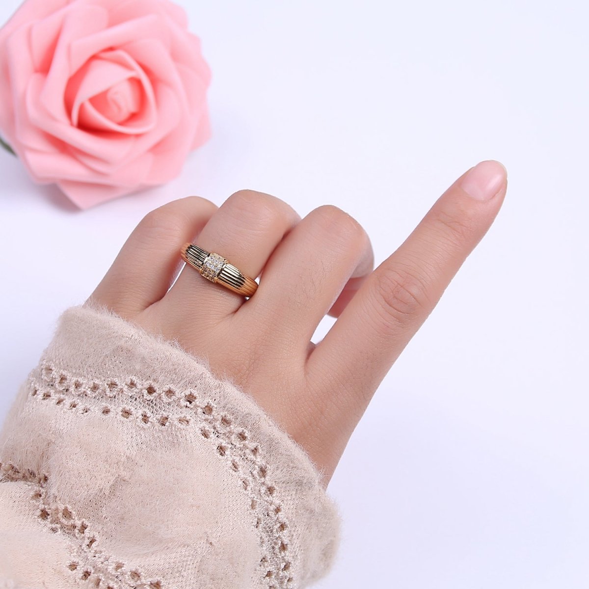 24K Gold Filled Textured Gold Band with Clear Crystal Zirconia, Open Adjustable Ring | U-382