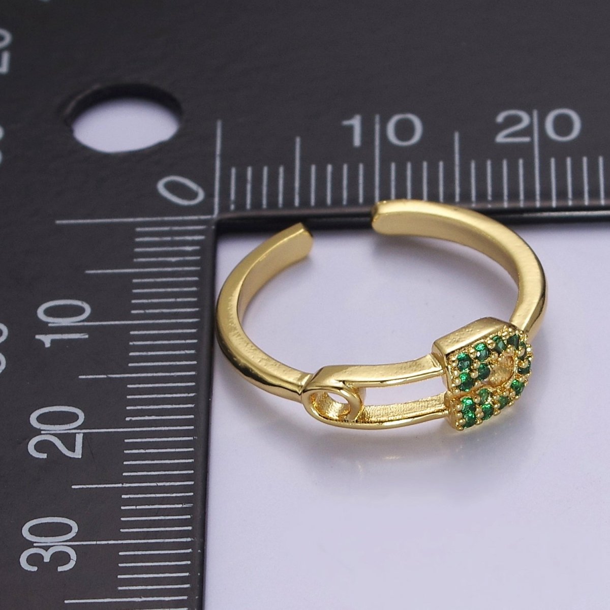 24k Gold Filled Tiny Safety Pin Ring | Emerald Green Micro Pave Dainty Ring O-2179