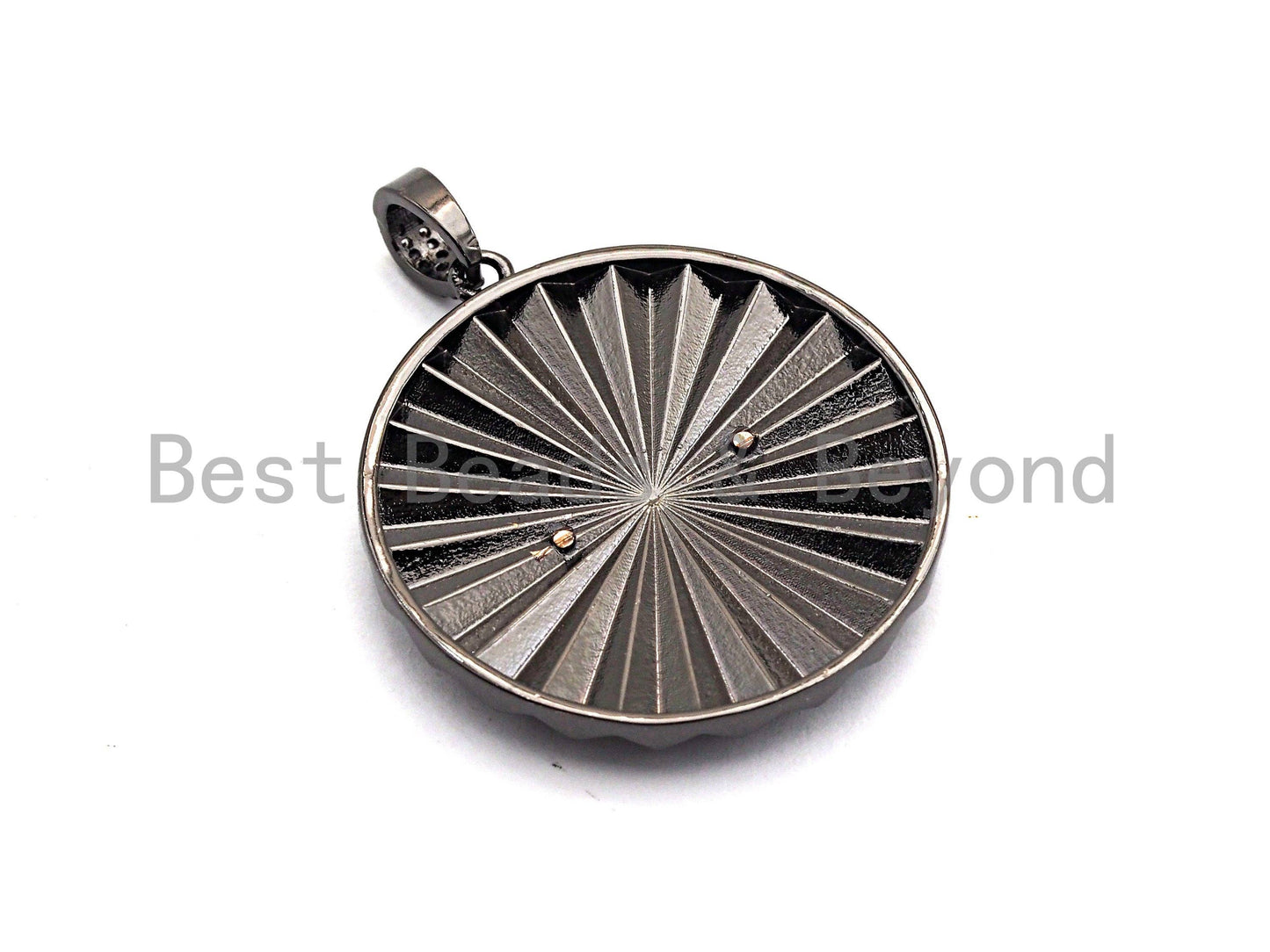CZ Clear/Black Micro Pave Round With Flower Pendant, CZ Pave Pendant, Gold/Rose Gold/Silver/Gunmetal plated, 36x38mm, Sku#F772