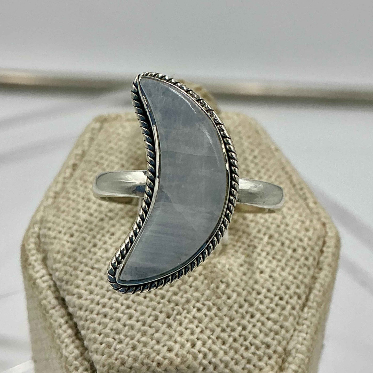 Sterling Silver Rainbow Moonstone Crescent Moon Ring – Size 10 – Intuition, Balance & New Beginnings