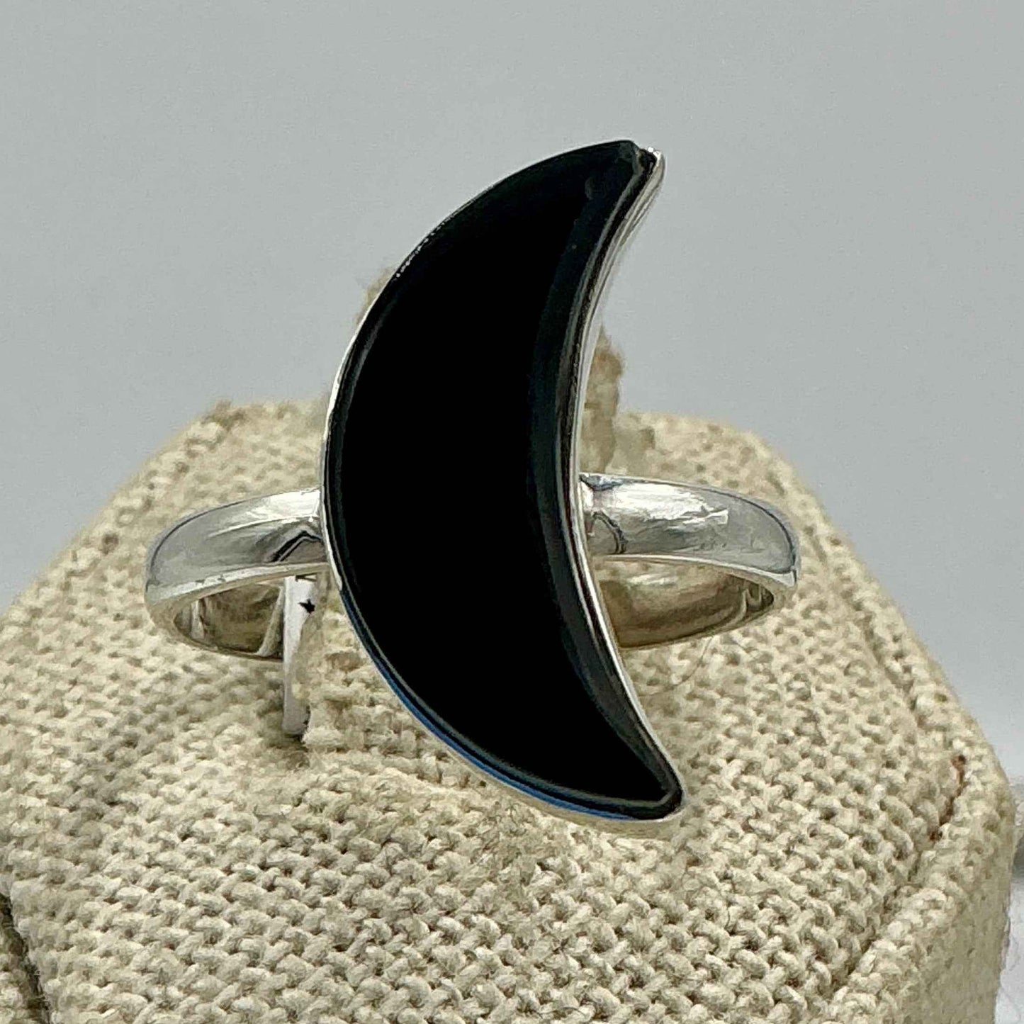 Sterling Silver Black Onyx Crescent Moon Ring – Size 10 – Protection, Grounding & Strength