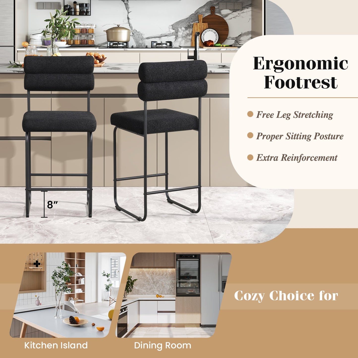 26 Inch Counter Height Bar Stools Set of 2 with Metal Frame and Footrest