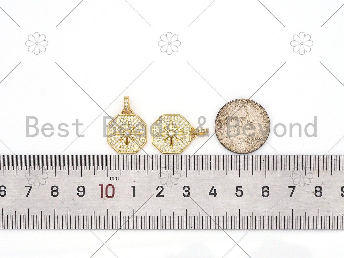 Clear CZ Micro Pave North Star On Octagon Shape Pendant,18K Gold Filled Cubic Zirconia Charm, Necklace Bracelet Pendant, 17x15mm, Sku#LK431