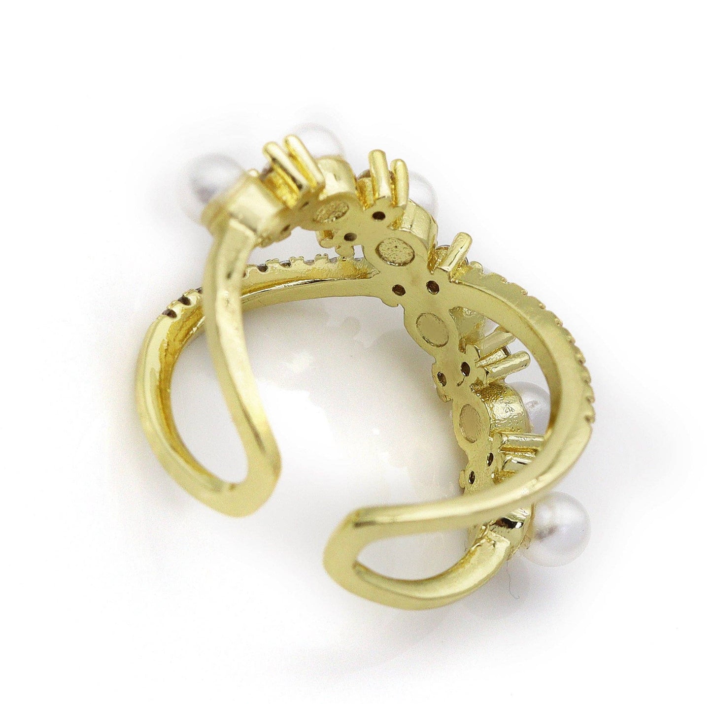CZ Gold Pearl Cross Adjustable Ring, Sku#JL137