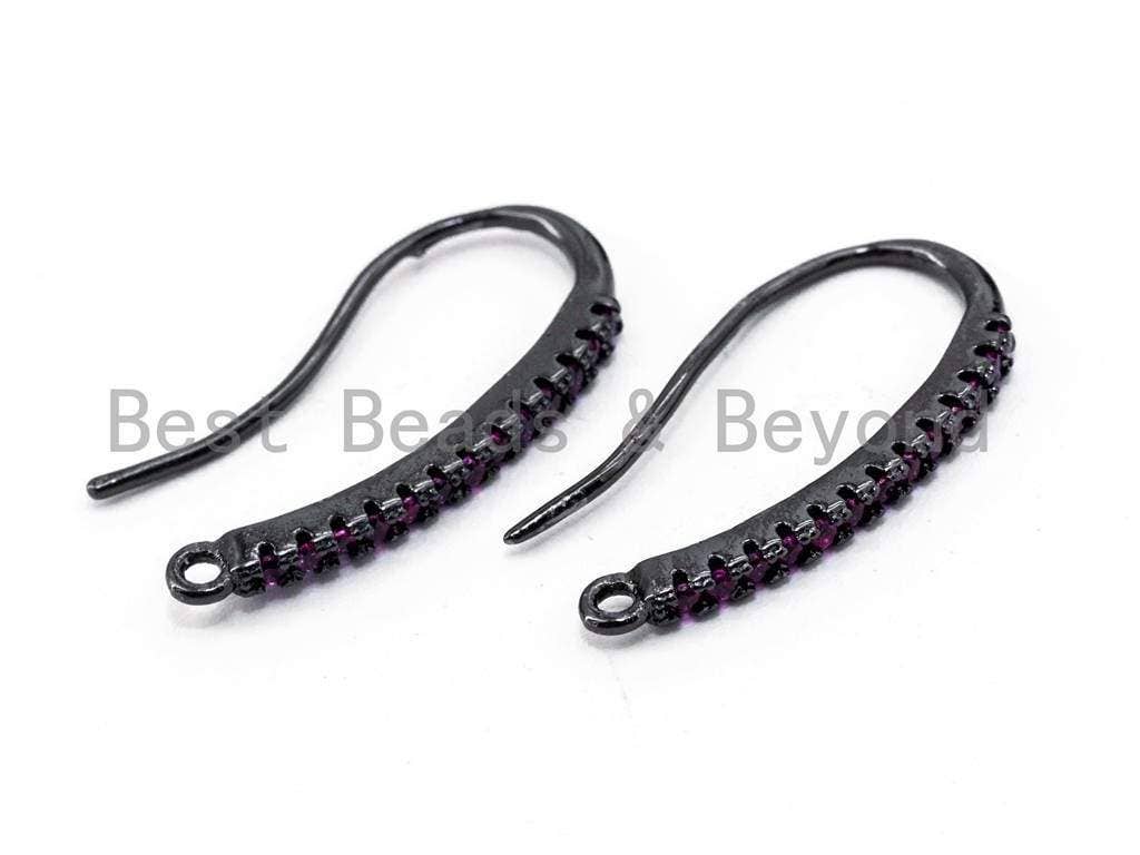 1pair,CZ Micro Pave Earring Wires Hooks, Black/Cobalt/Green/Fuchsia/Violet Cubic Zirconia,Black Rhodium Plated, 19x10mm, sku#J22