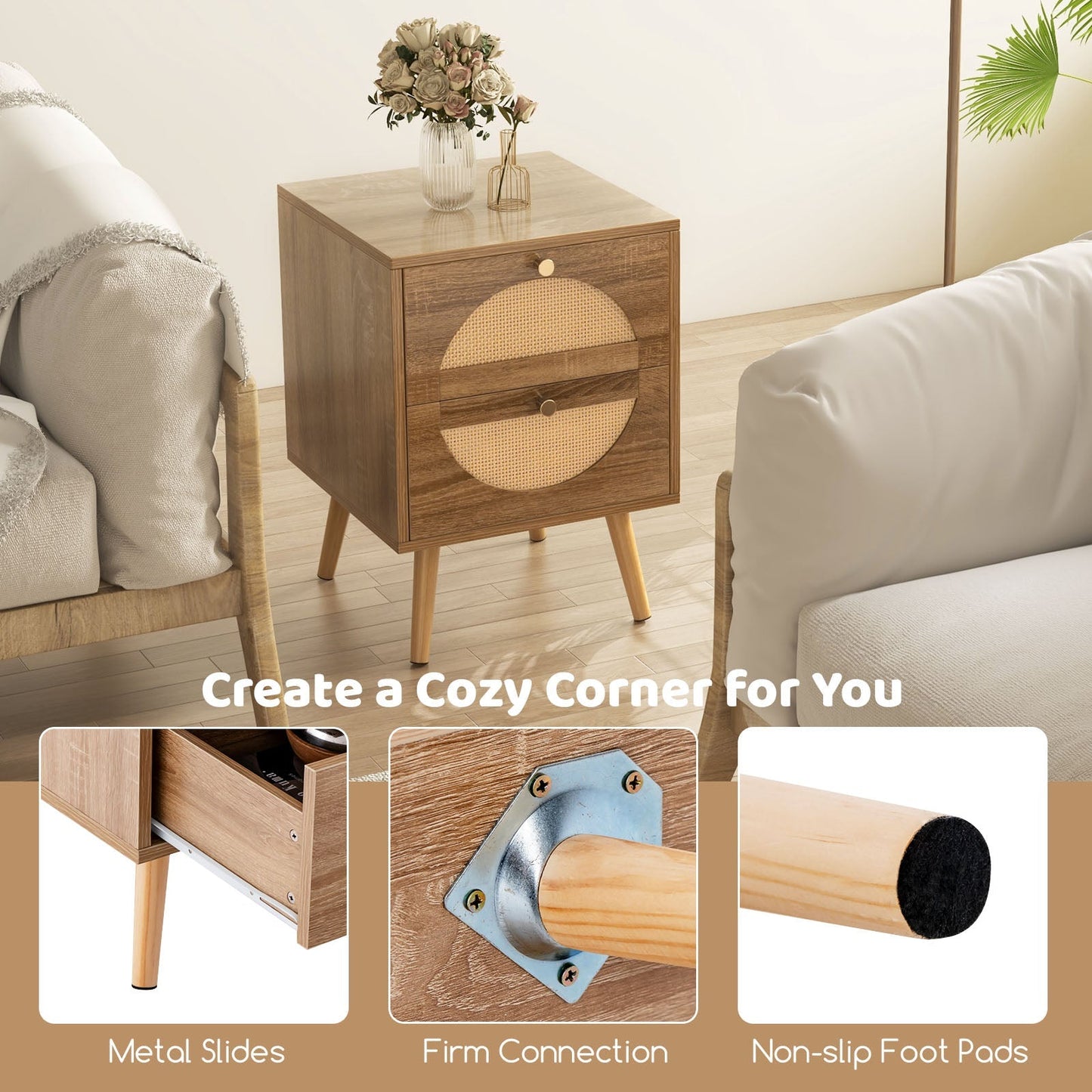 Set of 2 Rattan Nightstand with 2 Drawers and Solid Wood Legs-Natual