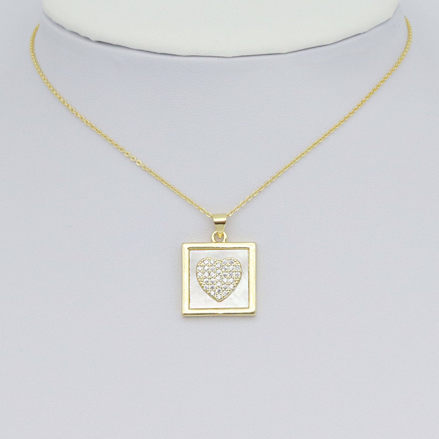 Gold Clear CZ Heart On Square Mother of Pearl Charm Pendant, Sku#LK990