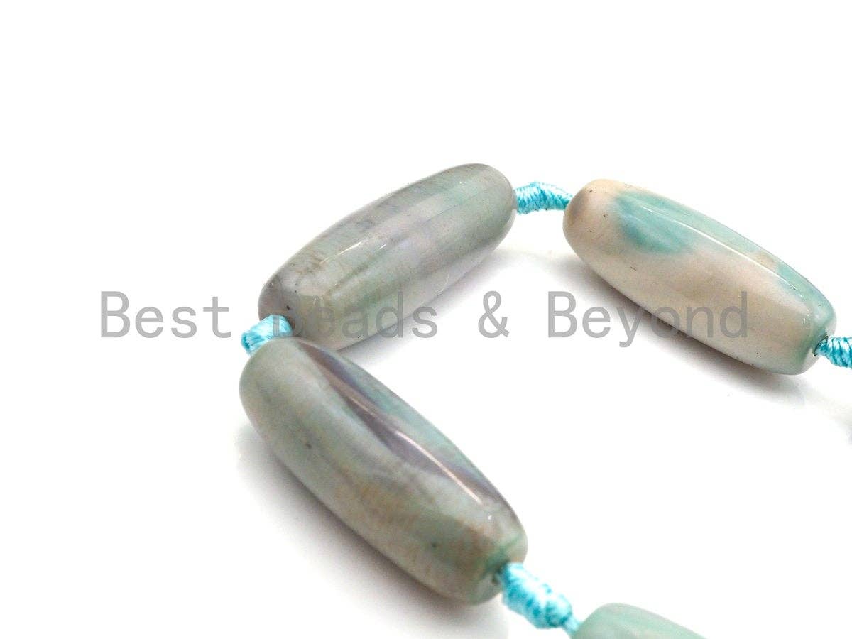1pc/8pc Natural Agate Long Barrel Spacer Beads, Blue Brown Tibetan Agate Spacer Beads, 14x40mm, sku#U886