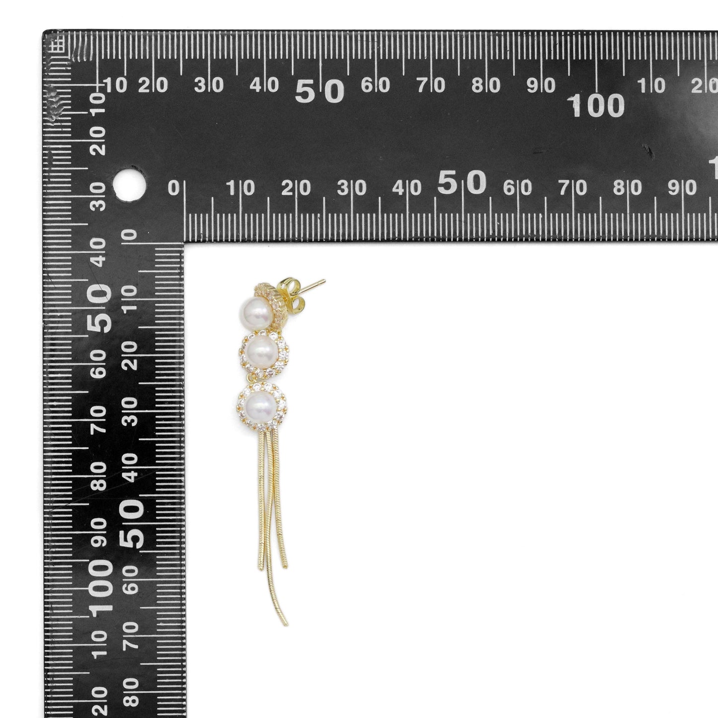 Gold Silver CZ White Pearl Tassel Dangle Earrings, Sku#ZX198