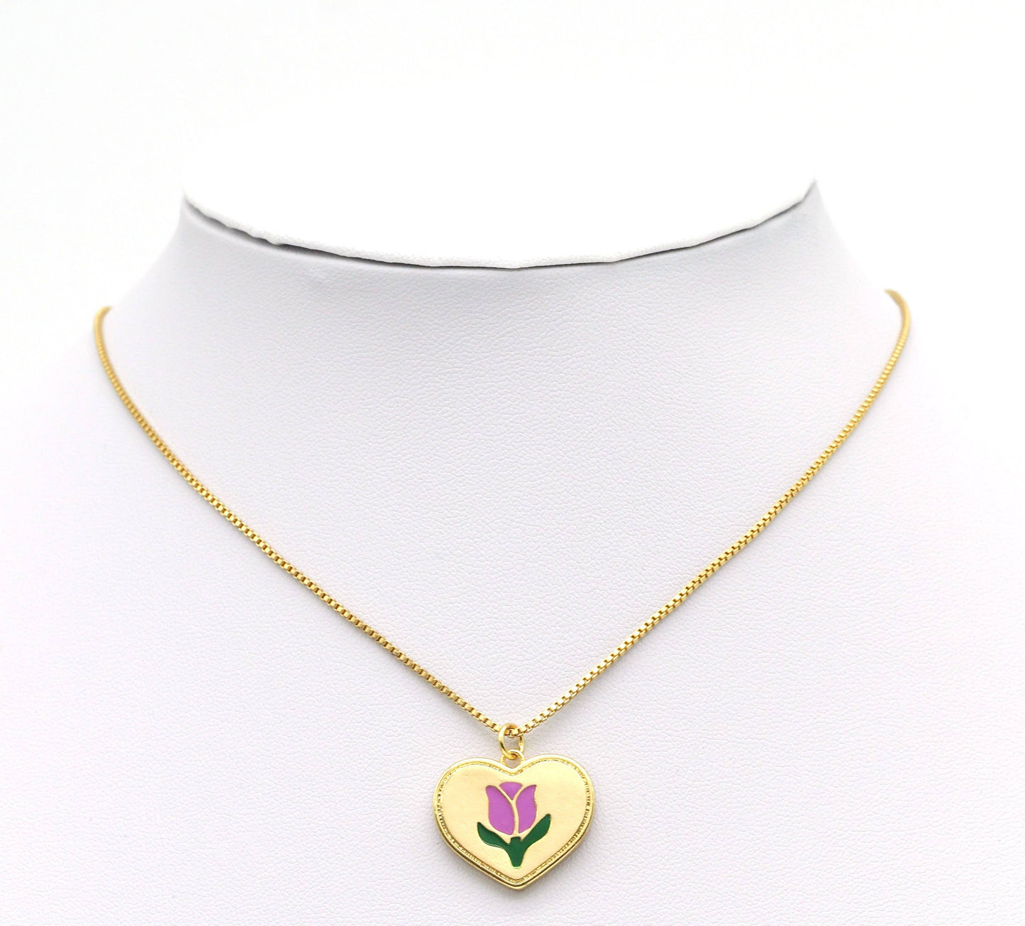 Enamel Tulip Flower On Heart Shape Pendant, Sku#L649