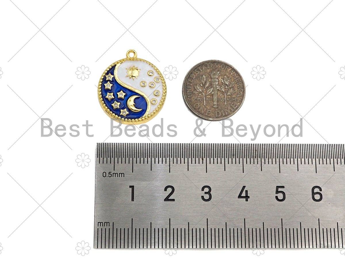 Enamel Cobalt White Yin Yang Pendant,Moon Star Sun Gold/Silver Pendant,Religious Enamel Jewelry,19x21mm,Sku#B129