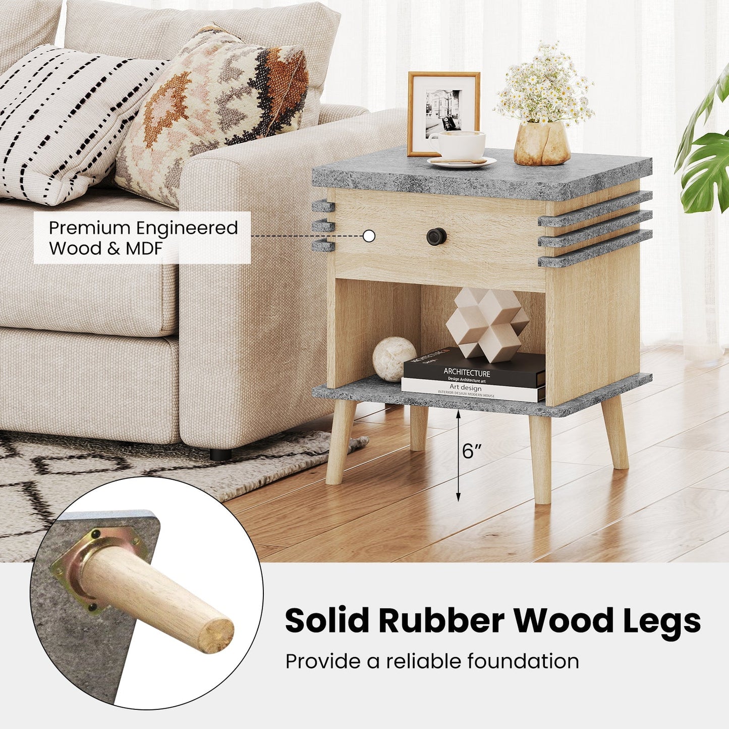 3-Tier Bedside Table Nightstand with Antique Grey Faux Marble Top-Grey